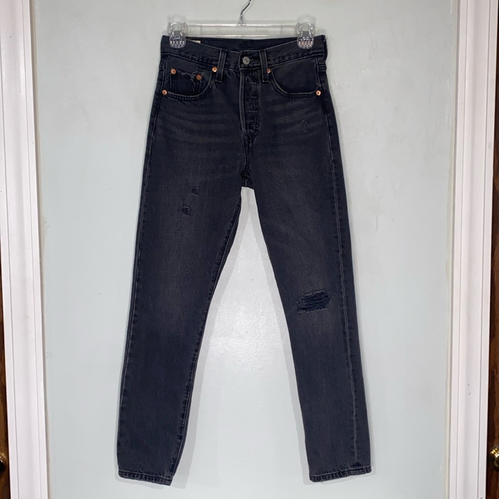 Levi Premium 501 Big E Reproduction Distressed Mid-Rise Button Fly Skinny Jeans